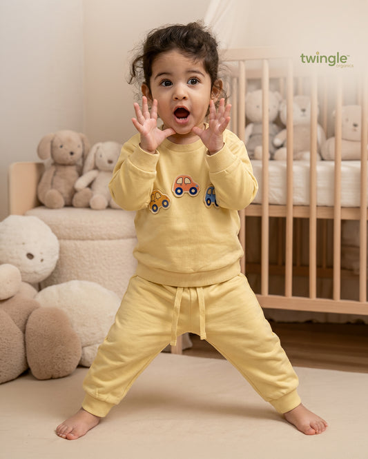Twingle 100% Organic Cotton Jogger Set-Hypoallergenic Fabric-No Itchy Tags-Soft Elasticated Waistband-Long Sleeves-Solid-Yellow-For Infants