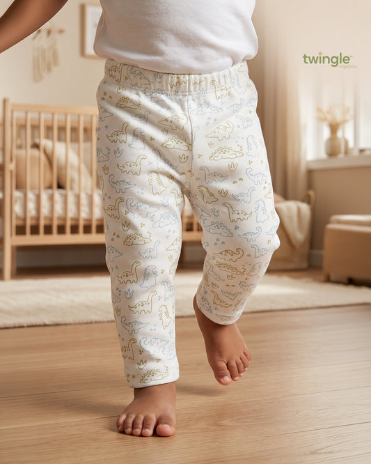 Twingle 100% Organic Cotton Leggings-Soft Elasticated Waistband-No Itchy Tags-Dino Print-White-For Infants