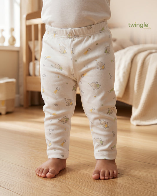 Twingle 100% Organic Cotton Leggings-Soft Elasticated Waistband-No Itchy Tags-Elephant Print-White-For Infants