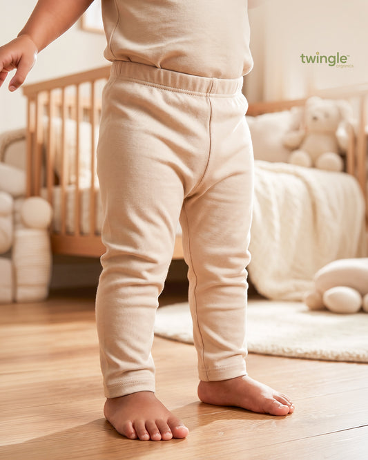 Twingle 100% Organic Cotton Leggings-Soft Elasticated Waistband-No Itchy Tags-Solid-Beige-For Infants