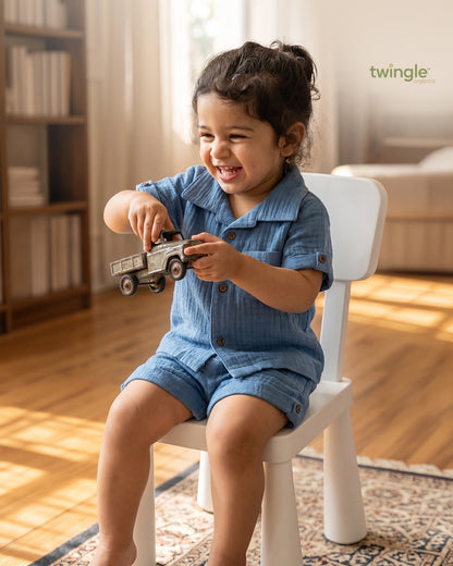Twingle 100% Organic Muslin Shirt & Shorts Set-Lightweight & Breathable Fabric-Functional Pockets-Soft Elasticated Waistband-Short Sleeves-Solid-Cobalt Blue-For Infants