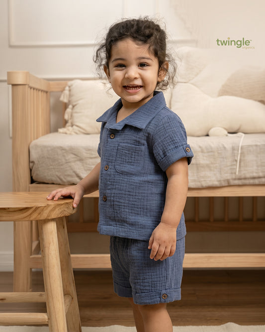 Twingle 100% Organic Muslin Shirt & Shorts Set-Lightweight & Breathable Fabric-Functional Pockets-Soft Elasticated Waistband-Short Sleeves-Solid-Navy Blue-For Infants