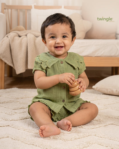 Twingle 100% Organic Muslin Shirt & Shorts Set-Lightweight & Breathable Fabric-Puff Sleeves-Soft Elasticated Waistband-Short Sleeves-Solid-Olive Green-For Infants