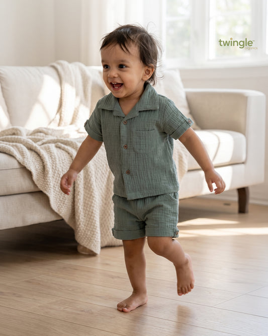 Twingle 100% Organic Muslin Shirt & Shorts Set-Lightweight & Breathable Fabric-Functional Pockets-Soft Elasticated Waistband-Short Sleeves-Solid-Sage Green-For Infants