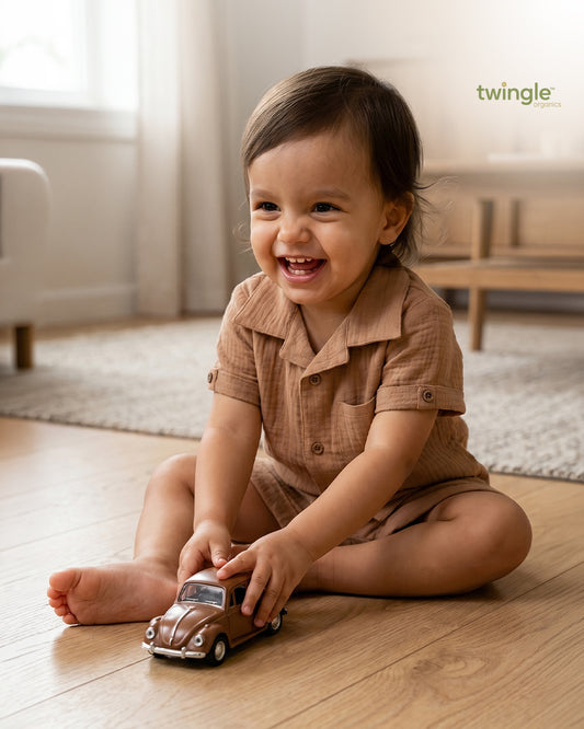 Twingle 100% Organic Muslin Shirt & Shorts Set-Lightweight & Breathable Fabric-Functional Pockets-Soft Elasticated Waistband-Short Sleeves-Solid-Tan-For Infants