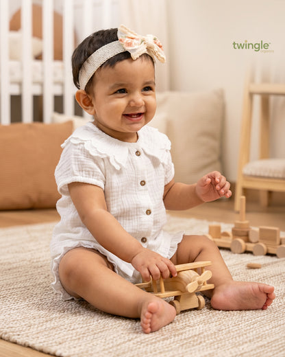 Twingle 100% Organic Muslin Shirt & Shorts Set-Lightweight & Breathable Fabric-Puff Sleeves-Soft Elasticated Waistband-Short Sleeves-Solid-White-For Infants
