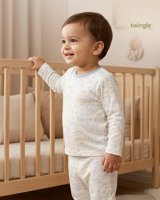 Twingle 100% Organic Cotton T-shirt & Leggings Set-No Itchy Tags-Shoulder Snaps for Easy Dressing-Soft Adjustable Waistband-Long Sleeves-Dino Print-White-For Infants