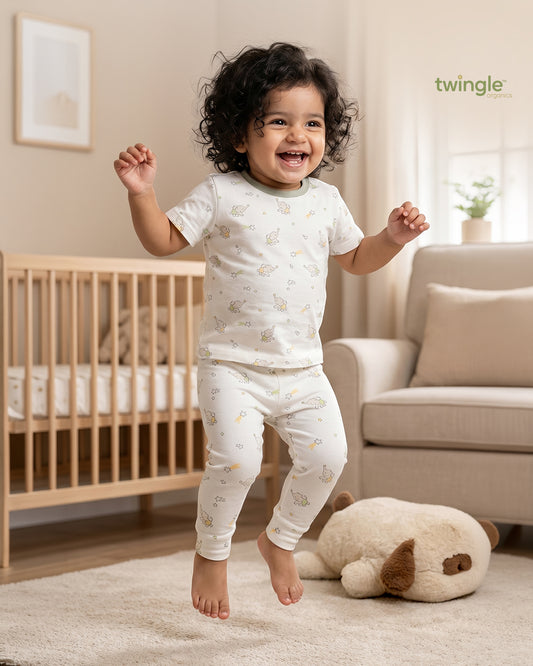 Twingle 100% Organic Cotton T-shirt & Leggings Set-No Itchy Tags-Shoulder Snaps for Easy Dressing-Soft Adjustable Waistband-Long Sleeves-Elephant Print-White-For Infants