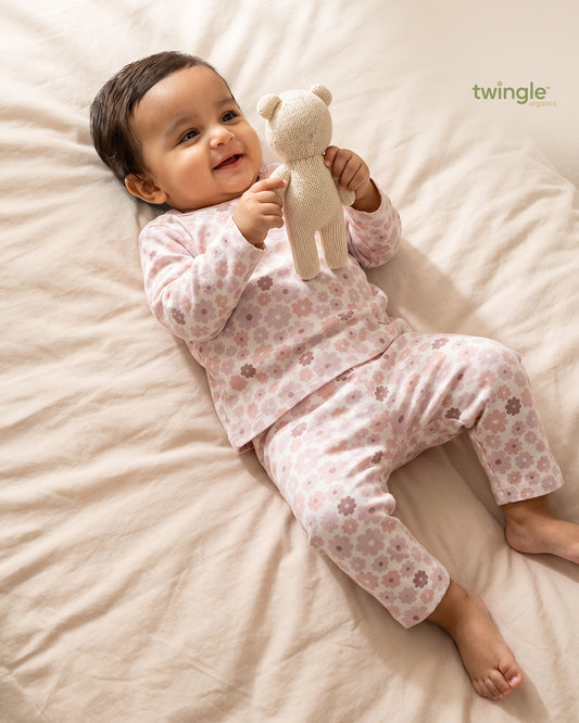 Twingle 100% Organic Cotton T-shirt & Leggings Set-No Itchy Tags-Shoulder Snaps for Easy Dressing-Soft Adjustable Waistband-Long Sleeves-Floral Print-Pastel Pink-For Infants