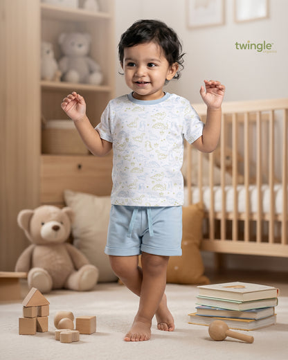 Twingle 100% Organic Cotton T-shirt & Shorts Set-No Itchy Tags-Shoulder Snaps for Easy Dressing-Soft Adjustable Waistband-Short Sleeves-Dino Print-White-For Infants
