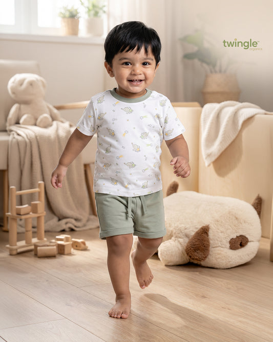 Twingle 100% Organic Cotton T-shirt & Shorts Set-No Itchy Tags-Shoulder Snaps for Easy Dressing-Soft Adjustable Waistband-Short Sleeves-Elephant Print-White-For Infants