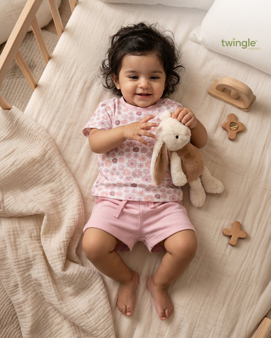 Twingle 100% Organic Cotton T-shirt & Shorts Set-No Itchy Tags-Shoulder Snaps for Easy Dressing-Soft Adjustable Waistband-Short Sleeves-Floral Print-Pastel Pink-For Infants