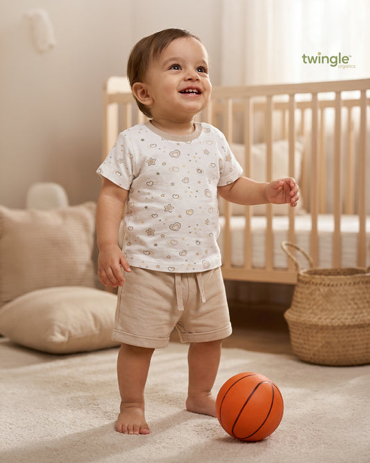 Twingle 100% Organic Cotton T-shirt & Shorts Set-No Itchy Tags-Shoulder Snaps for Easy Dressing-Soft Adjustable Waistband-Short Sleeves-Hearts & Stars Print-White-For Infants