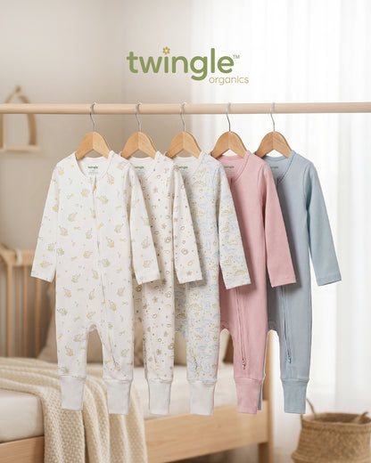 Twingle 100% Organic Cotton Sleepsuit-Zip Guard to Protect Baby's Chin & Neck-Two Way Zipper for Easy Diaper Change-Inbuilt Booties & Mittens-Dino Print-Light Blue-Pack of 2-For Infants