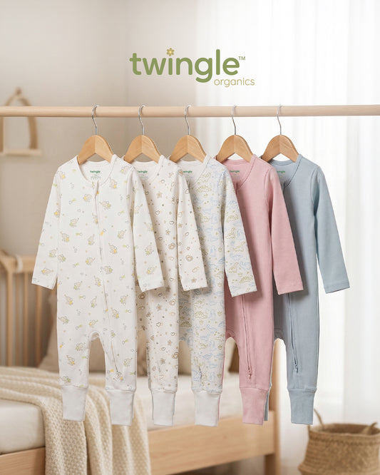 Twingle 100% Organic Cotton Sleepsuit-Zip Guard to Protect Baby's Chin & Neck-Two Way Zipper for Easy Diaper Change-Inbuilt Booties & Mittens-Elephant Print-Sage Green-Pack of 2-For Infants