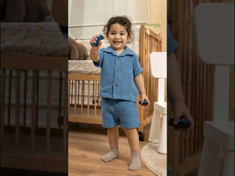 Twingle 100% Organic Muslin Shirt & Shorts Set-Lightweight & Breathable Fabric-Functional Pockets-Soft Elasticated Waistband-Short Sleeves-Solid-Cobalt Blue-For Infants
