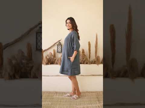 Ellementree Dark Grey Maternity Dress-Solid-Premium European Linen-Round Neck-Batwing Sleeves-Bump friendly