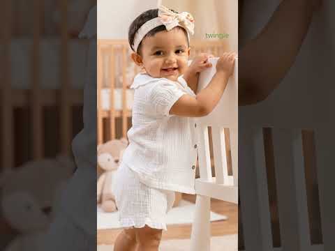 Twingle 100% Organic Muslin Shirt & Shorts Set-Lightweight & Breathable Fabric-Puff Sleeves-Soft Elasticated Waistband-Short Sleeves-Solid-White-For Infants