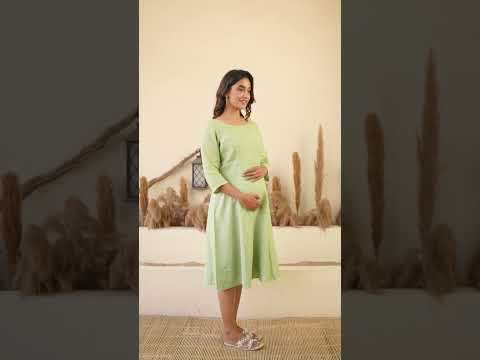 Ellementree Sage Green Maternity Dress-Solid-Premium European Linen-Round Neck-Bump Friendly