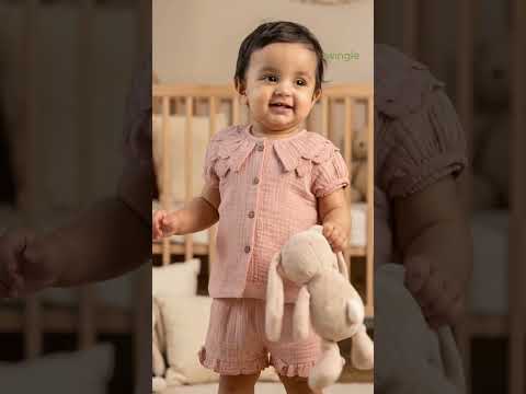 Twingle 100% Organic Muslin Shirt & Shorts Set-Lightweight & Breathable Fabric-Puff Sleeves-Soft Elasticated Waistband-Short Sleeves-Solid-Peach Pink-For Infants