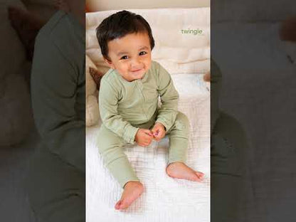 Twingle 100% Organic Cotton Sleepsuit-Zip Guard to Protect Baby's Chin & Neck-Two Way Zipper for Easy Diaper Change-Inbuilt Booties & Mittens-Solid-Sage Green-For Infants