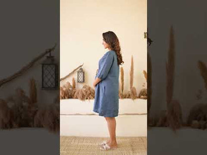 Ellementree Indigo Maternity Dress-Solid-Premium European Linen-Split Neck-Bump Friendly-Balloon Sleeves