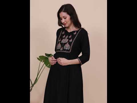 MomToBe Black Maternity Nursing Kurta-Embroidered Print-Rayon-Notch Neck-Bump Friendly