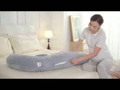 Momcozy F Shaped Pregnancy Pillow-Full Body Support-Grey-with Adjustable Wedge Pillow & Removable Velvet Cover-For Maternity