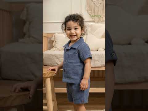 Twingle 100% Organic Muslin Shirt & Shorts Set-Lightweight & Breathable Fabric-Functional Pockets-Soft Elasticated Waistband-Short Sleeves-Solid-Navy Blue-For Infants