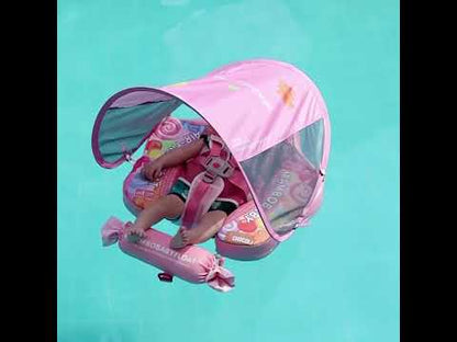 Mambobaby Chest Float Swimming Tube-Air Free Foam Design with 5 Point Safety Harness & 3 Swim Modes, UPF 50+ Detachable Flat Canopy-Candies-Pink