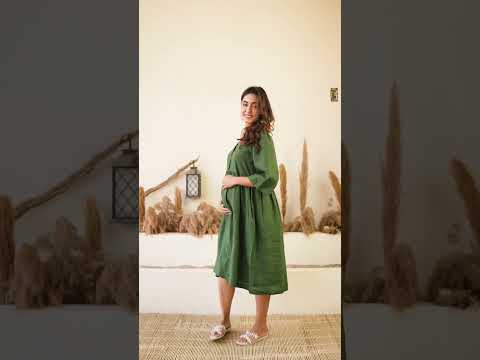 Ellementree Bottle Green Maternity Nursing Dress-Solid-Premium European Linen-V Neck-Long Sleeves-Bump Friendly