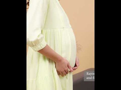 MomToBe Green Maternity Nursing Dress-Solid Color-Viscose Rayon-Mandarin Collar-Bump Friendly