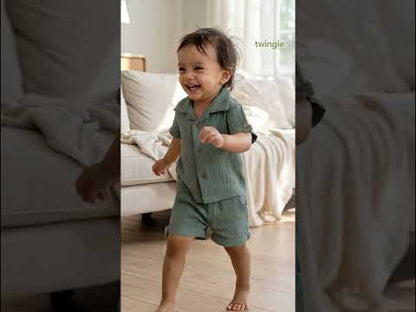 Twingle 100% Organic Muslin Shirt & Shorts Set-Lightweight & Breathable Fabric-Functional Pockets-Soft Elasticated Waistband-Short Sleeves-Solid-Sage Green-For Infants
