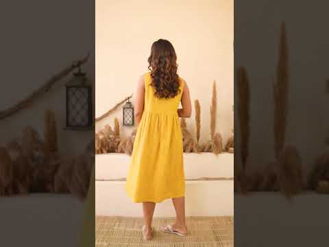 Ellementree Mustard Maternity Nursing Dress-Solid-Premium European Linen-Round Neck-Bump Friendly