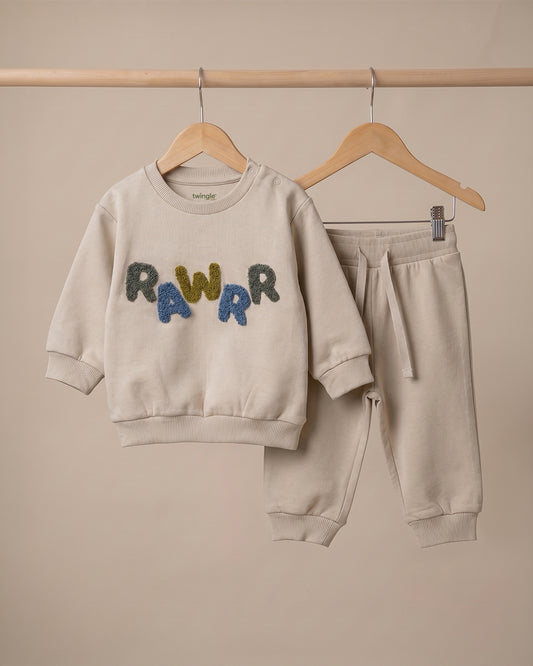 Twingle 100% Organic Cotton Jogger Set-Hypoallergenic Fabric-No Itchy Tags-Soft Elasticated Waistband-Long Sleeves-Solid-Beige-For Infants