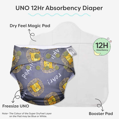 SuperBottoms I'm Roar-some Freesize UNO-12 Hours Absorbency Cloth Diaper-Padded Underwear-100% Organic Cotton-Washable & Reusable-3 to 36M