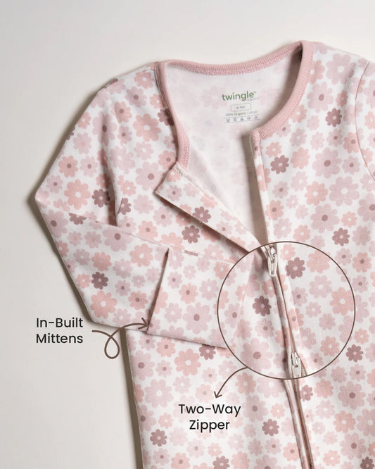Twingle 100% Organic Cotton Sleepsuits-Zip Guard to Protect Baby's Chin & Neck-Two Way Zipper for Easy Diaper Change-Inbuilt Booties & Mittens-Long Sleeves-Hearts & Stars & Floral Print-White & Pastel Pink-Pack of 2-For Infants