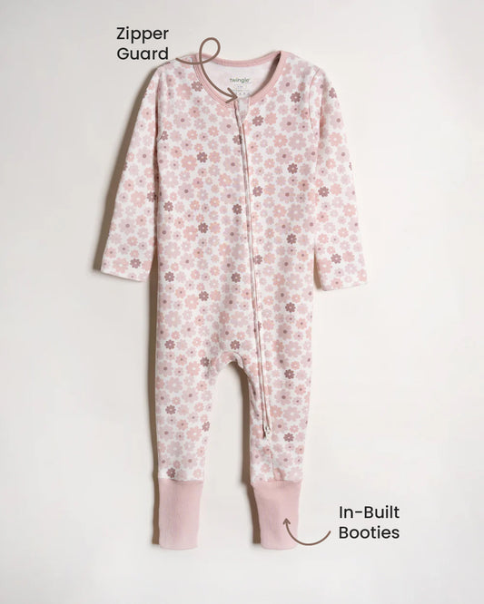 Twingle 100% Organic Cotton Sleepsuit-Zip Guard to Protect Baby's Chin & Neck-Two Way Zipper for Easy Diaper Change-Inbuilt Booties & Mittens-Floral Print-White-For Infants