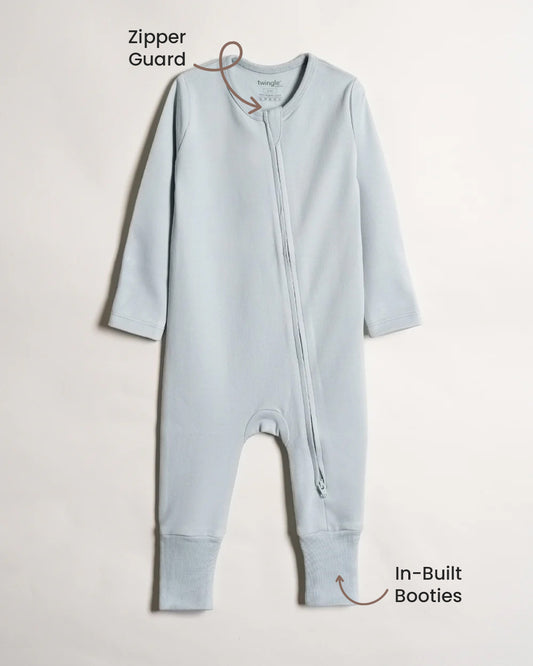 Twingle 100% Organic Cotton Sleepsuit-Zip Guard to Protect Baby's Chin & Neck-Two Way Zipper for Easy Diaper Change-Inbuilt Booties & Mittens-Solid-Light Blue-For Infants