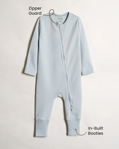 Twingle 100% Organic Cotton Sleepsuits-Zip Guard to Protect Baby's Chin & Neck-Two Way Zipper for Easy Diaper Change-Inbuilt Booties & Mittens-Long Sleeves-Solid-Sage Green & Light Blue-Pack of 2-For Infants