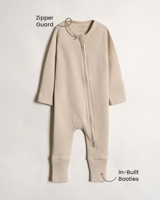 Twingle 100% Organic Cotton Sleepsuit-Zip Guard to Protect Baby's Chin & Neck-Two Way Zipper for Easy Diaper Change-Inbuilt Booties & Mittens-Hearts & Stars Print-Beige-Pack of 2-For Infants