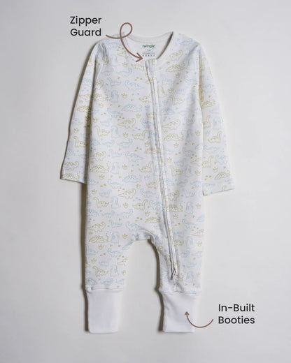 Twingle 100% Organic Cotton Sleepsuit-Zip Guard to Protect Baby's Chin & Neck-Two Way Zipper for Easy Diaper Change-Inbuilt Booties & Mittens-Dino Print-White-For Infants
