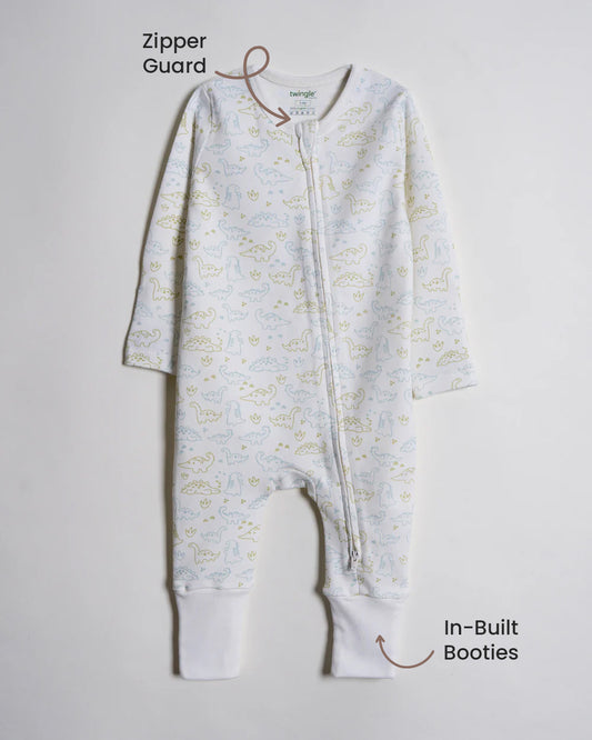 Twingle 100% Organic Cotton Sleepsuit-Zip Guard to Protect Baby's Chin & Neck-Two Way Zipper for Easy Diaper Change-Inbuilt Booties & Mittens-Dino Print-White-For Infants