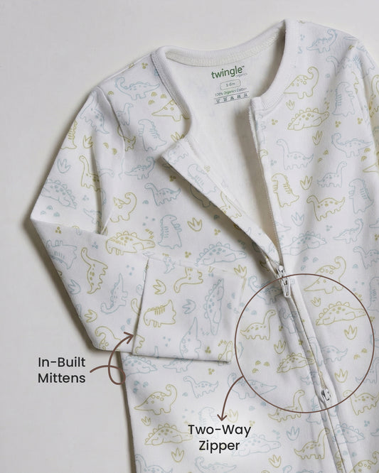 Twingle 100% Organic Cotton Sleepsuit-Zip Guard to Protect Baby's Chin & Neck-Two Way Zipper for Easy Diaper Change-Inbuilt Booties & Mittens-Dino Print-White-For Infants