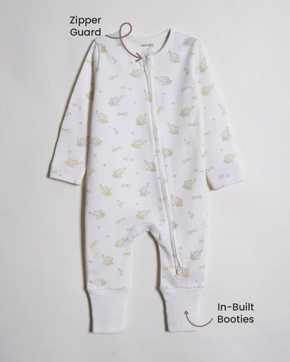 Twingle 100% Organic Cotton Sleepsuit-Zip Guard to Protect Baby's Chin & Neck-Two Way Zipper for Easy Diaper Change-Inbuilt Booties & Mittens-Elephant Print-White-For Infants