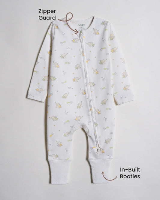 Twingle 100% Organic Cotton Sleepsuit-Zip Guard to Protect Baby's Chin & Neck-Two Way Zipper for Easy Diaper Change-Inbuilt Booties & Mittens-Elephant Print-White-For Infants
