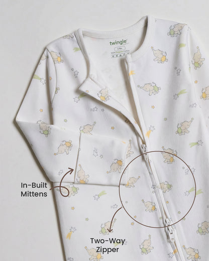 Twingle 100% Organic Cotton Sleepsuit-Zip Guard to Protect Baby's Chin & Neck-Two Way Zipper for Easy Diaper Change-Inbuilt Booties & Mittens-Elephant Print-White-For Infants