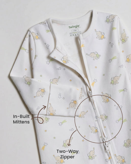 Twingle 100% Organic Cotton Sleepsuit-Zip Guard to Protect Baby's Chin & Neck-Two Way Zipper for Easy Diaper Change-Inbuilt Booties & Mittens-Elephant Print-White-For Infants