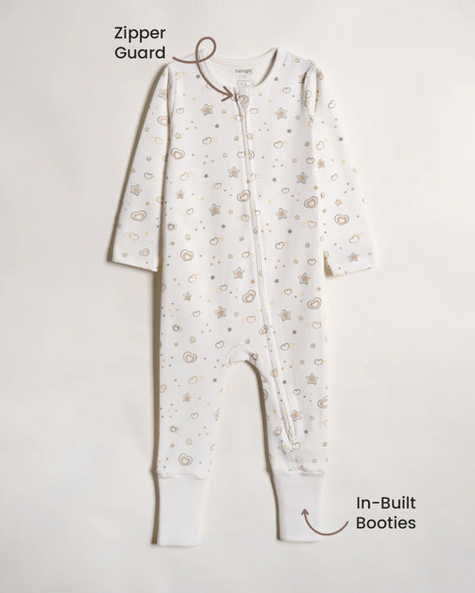 Twingle 100% Organic Cotton Sleepsuit-Zip Guard to Protect Baby's Chin & Neck-Two Way Zipper for Easy Diaper Change-Inbuilt Booties & Mittens-Hearts & Stars Print-White-For Infants