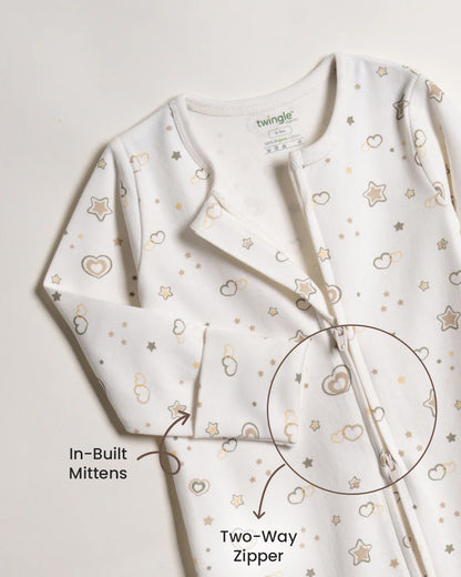 Twingle 100% Organic Cotton Sleepsuit-Zip Guard to Protect Baby's Chin & Neck-Two Way Zipper for Easy Diaper Change-Inbuilt Booties & Mittens-Hearts & Stars Print-White-For Infants
